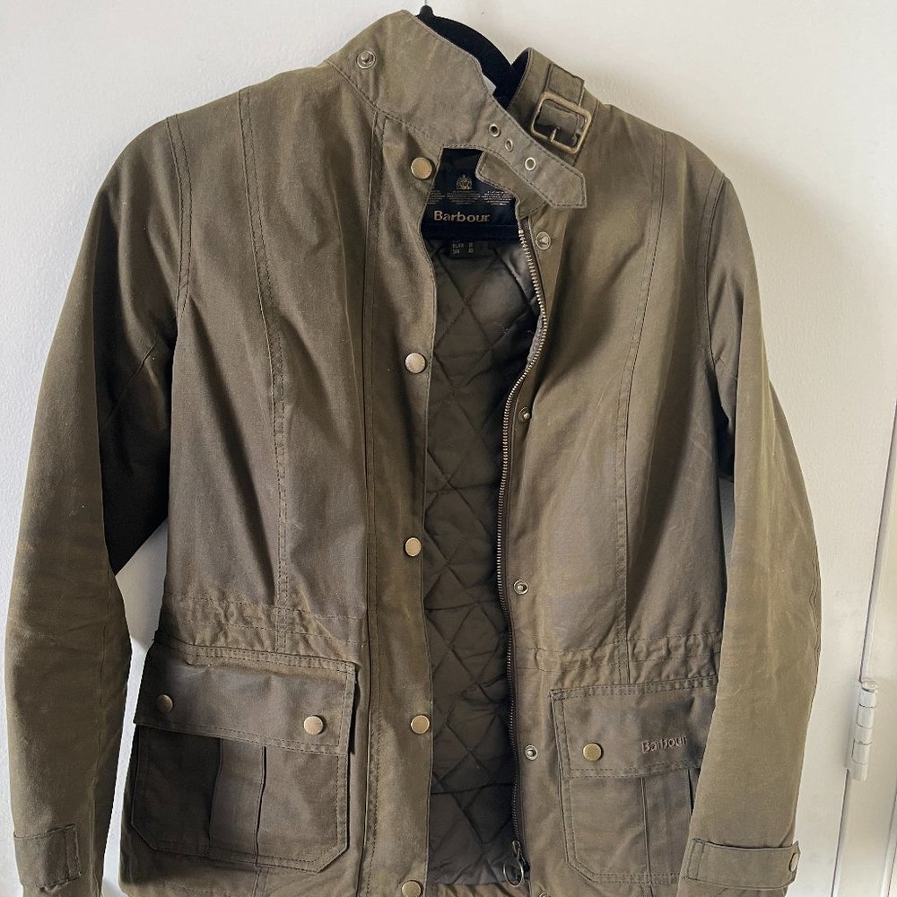 Barbour Waxed Jacket (J.Crew Collaboration) with removable Sherpa Hood (Size 6)